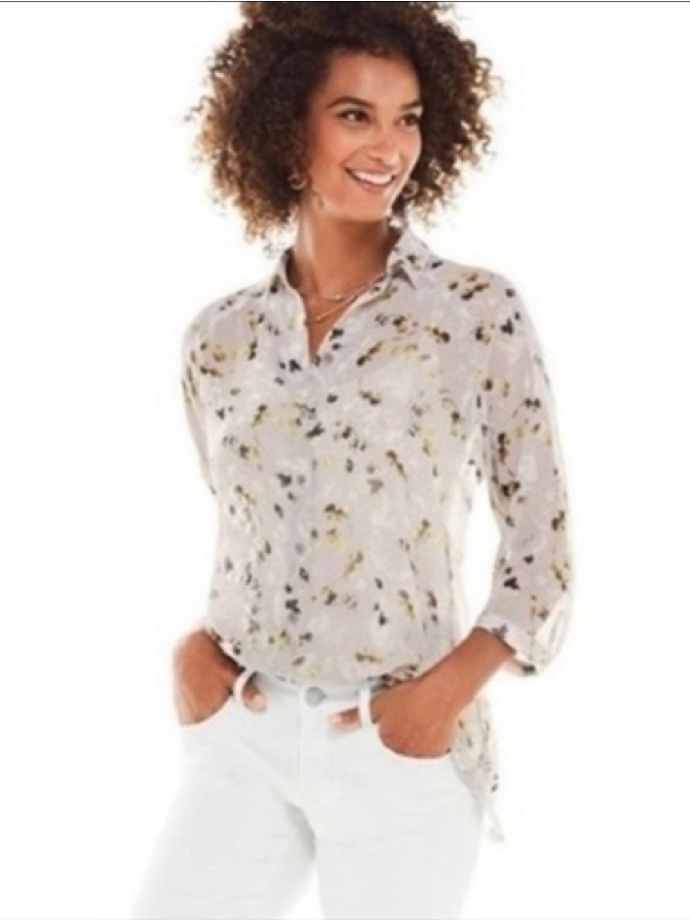 Light Floral Print Women's Button-Neck Blouse - grey